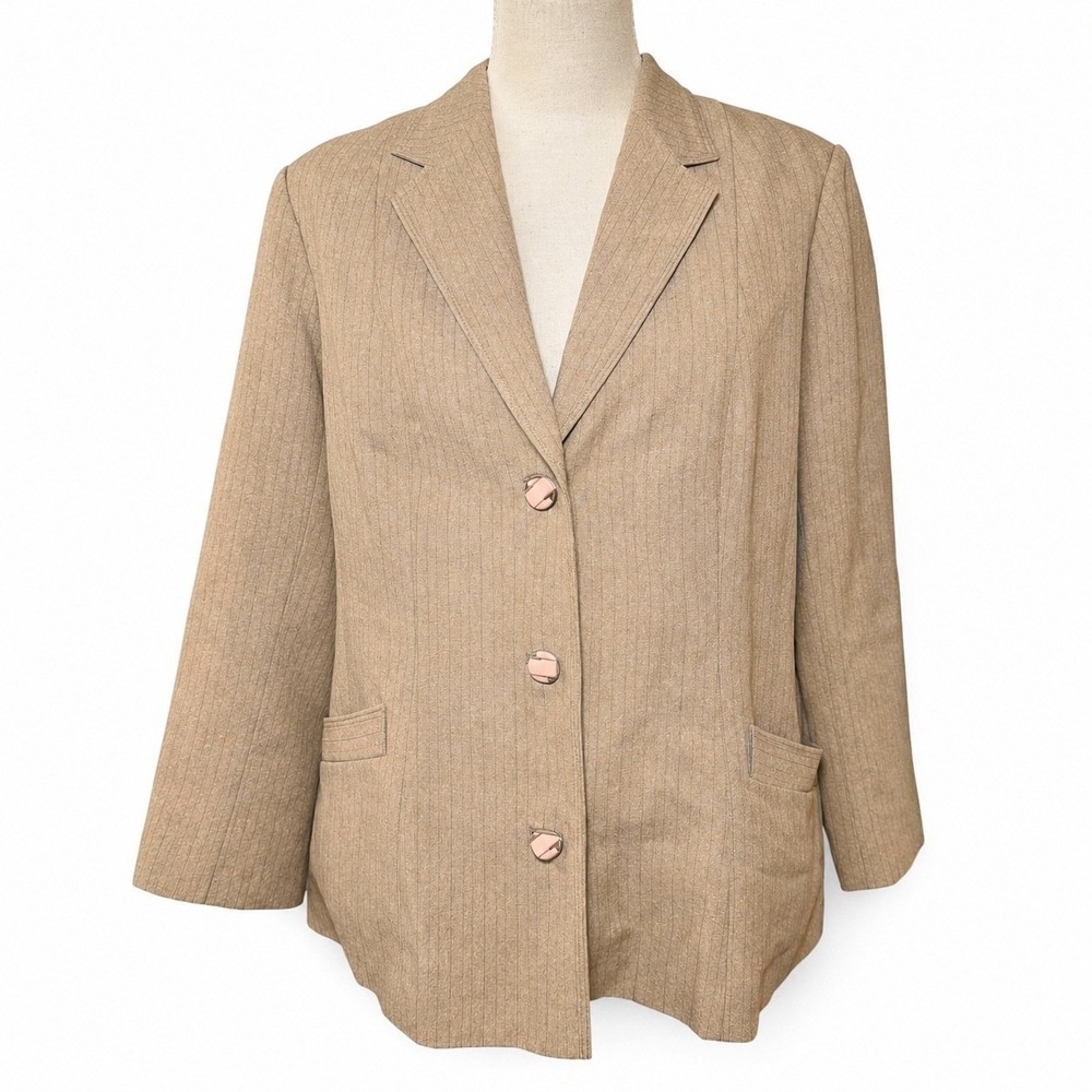 Rare 80s Vintage Taupe Pinstripe Power Blazer Pink Buttons Tailored Womens 40 - Picture 2 of 13